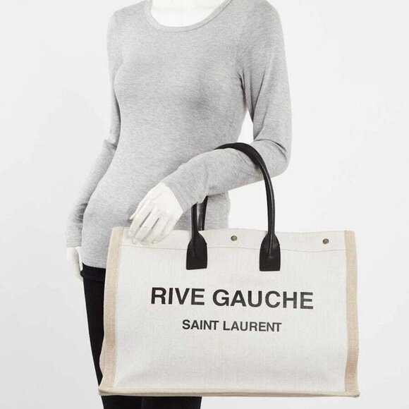 Yves Saint Laurent Natural Linen And Leather Rive Gauche Tote Bag - Picture 4 of 9
